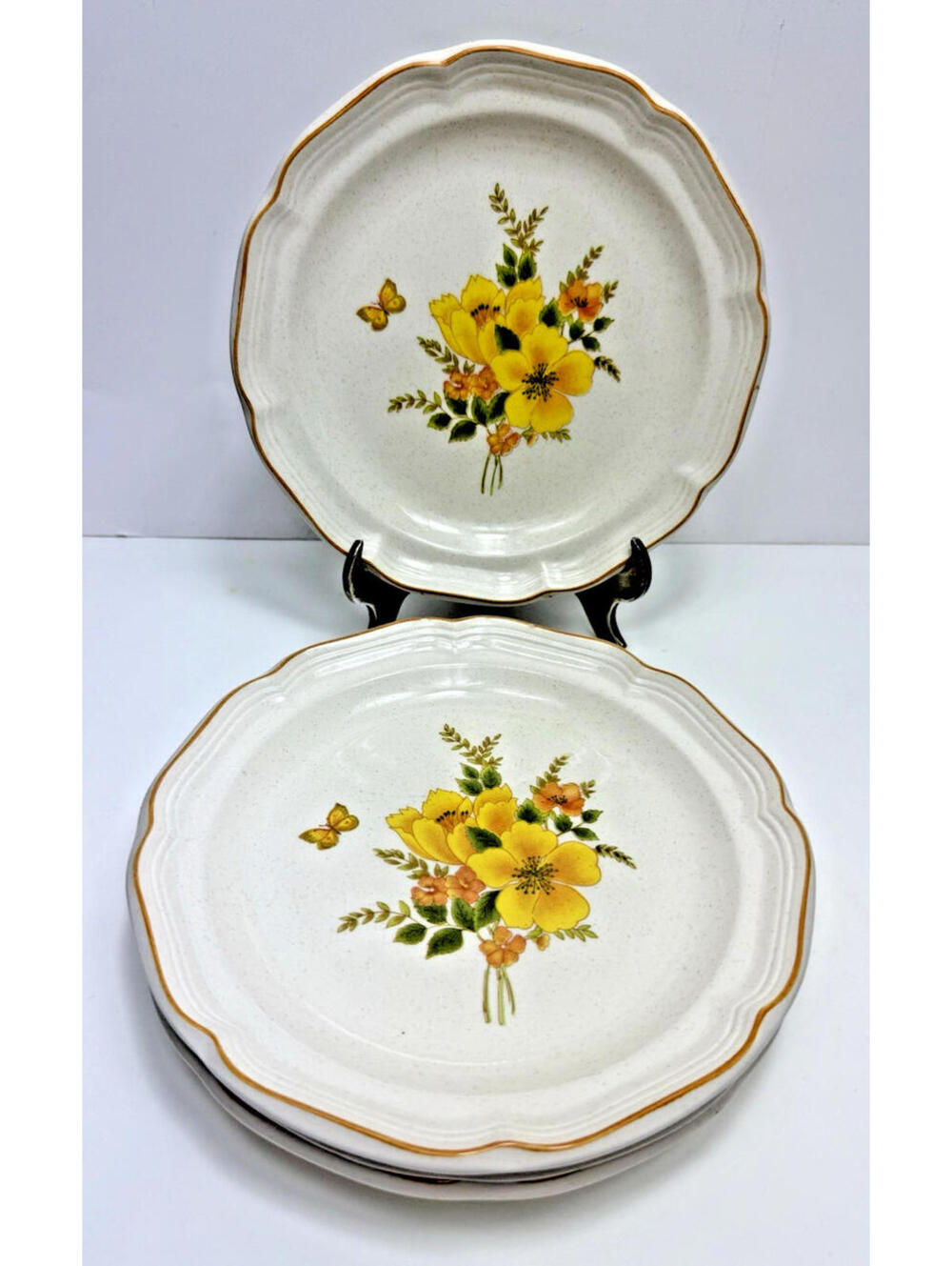 Vtg Sangostone Autumn Garland Mod 2311 Korea Yellow Flowers Butterfly Plates 4